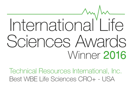 TRI - 2016 International Life Sciences Award for Best Woman-Owned Business Enterprise (WBE) CRO+ by Global Health and Pharma (GHP)